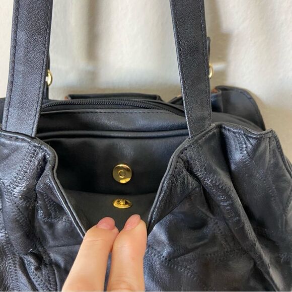 Black Patchwork Shoulder Bag Tote Leather Animal Print Vintage - Picture 7 of 11